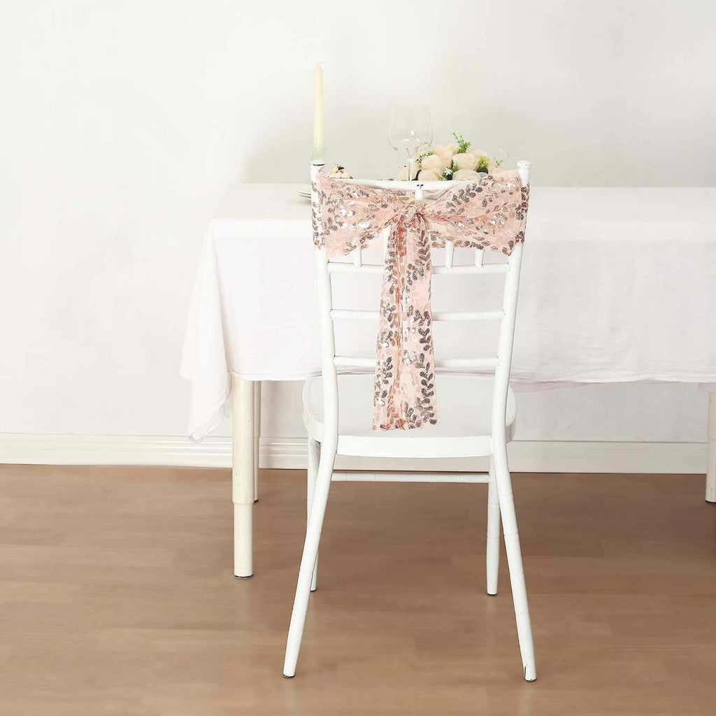 5 Pack Tulle Chair Sashes with Leaf Vine Embroidered Sequins Rose Gold 6"x88" - Bell Racket Store