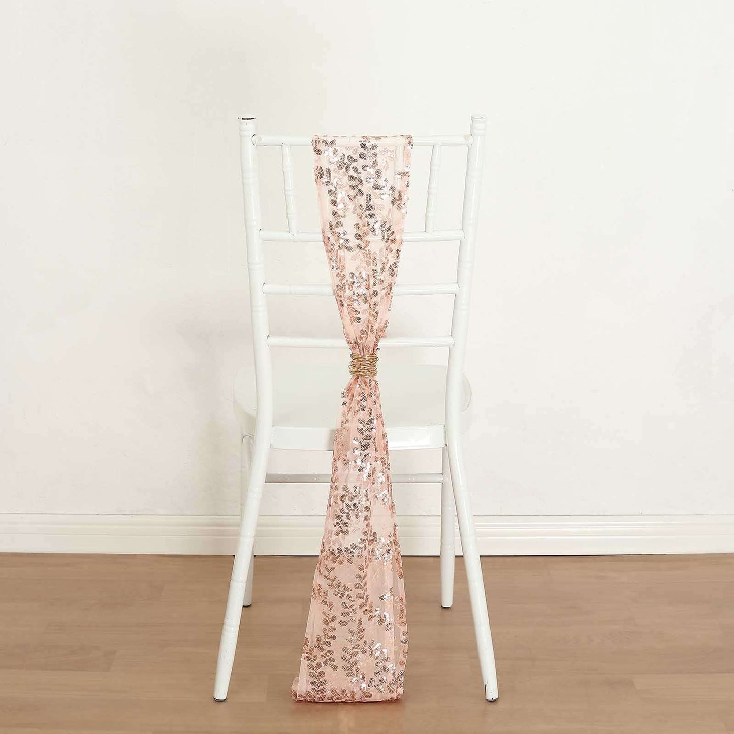 5 Pack Tulle Chair Sashes with Leaf Vine Embroidered Sequins Rose Gold 6"x88" - Bell Racket Store
