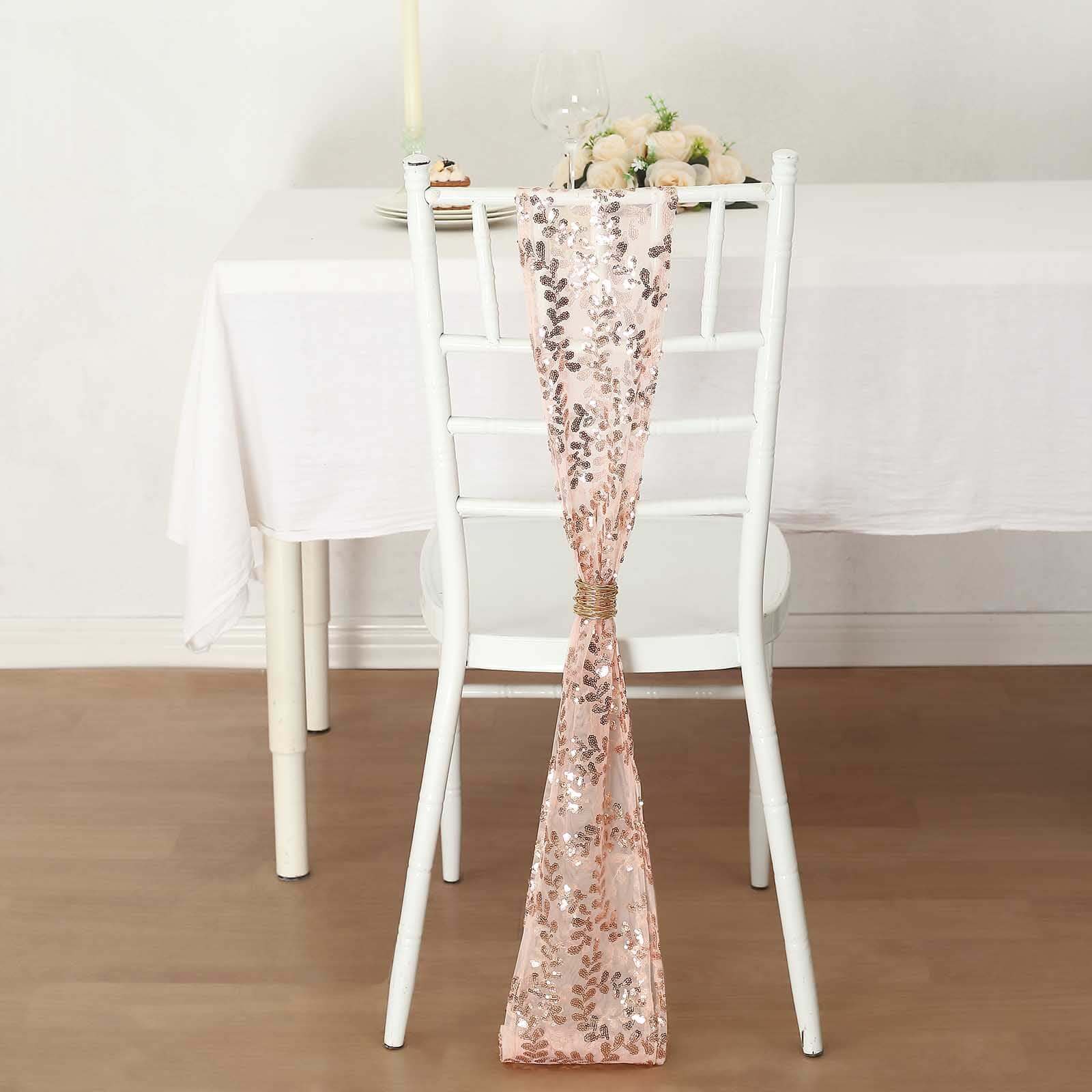 5 Pack Tulle Chair Sashes with Leaf Vine Embroidered Sequins Rose Gold 6"x88" - Bell Racket Store