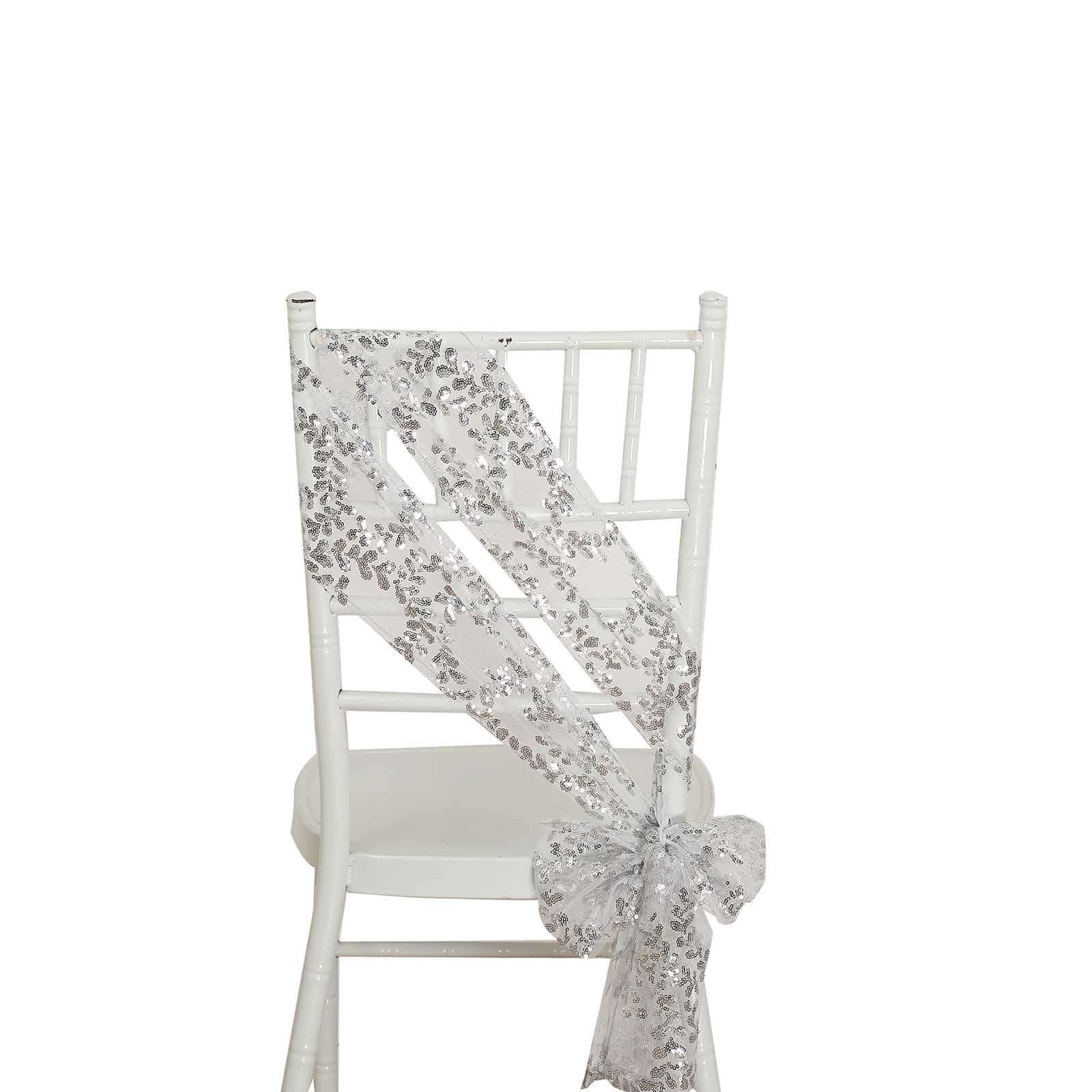 5 Pack Tulle Chair Sashes with Leaf Vine Embroidered Sequins Silver 6"x88" - Bell Racket Store