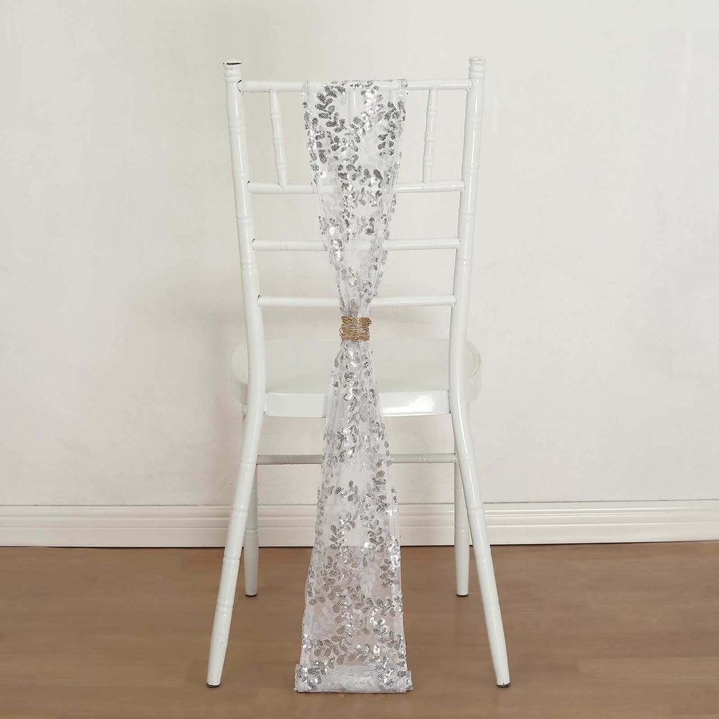 5 Pack Tulle Chair Sashes with Leaf Vine Embroidered Sequins Silver 6"x88" - Bell Racket Store