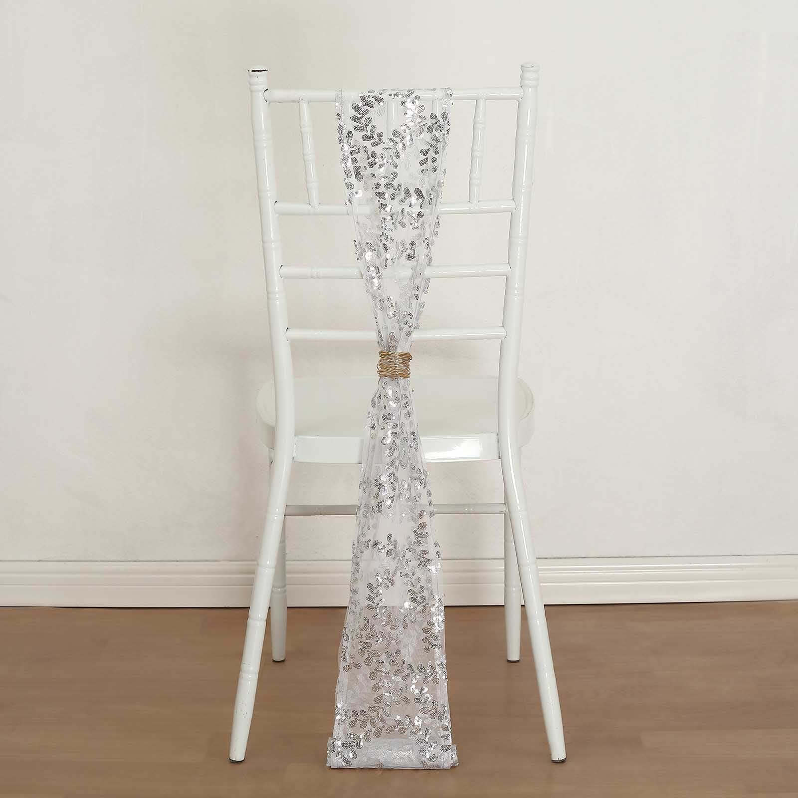 5 Pack Tulle Chair Sashes with Leaf Vine Embroidered Sequins Silver 6"x88" - Bell Racket Store