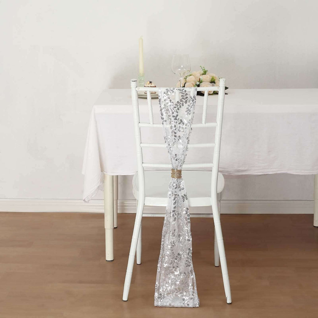 5 Pack Tulle Chair Sashes with Leaf Vine Embroidered Sequins Silver 6"x88" - Bell Racket Store