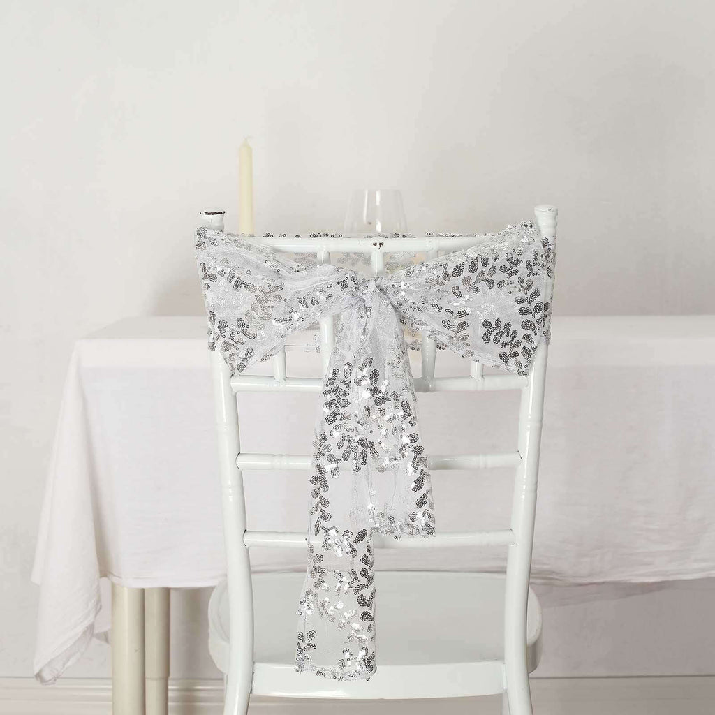 5 Pack Tulle Chair Sashes with Leaf Vine Embroidered Sequins Silver 6"x88" - Bell Racket Store