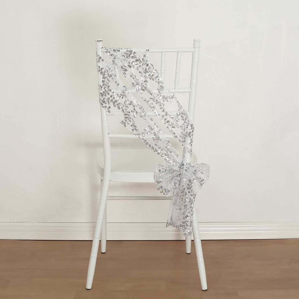 5 Pack Tulle Chair Sashes with Leaf Vine Embroidered Sequins Silver 6"x88" - Bell Racket Store