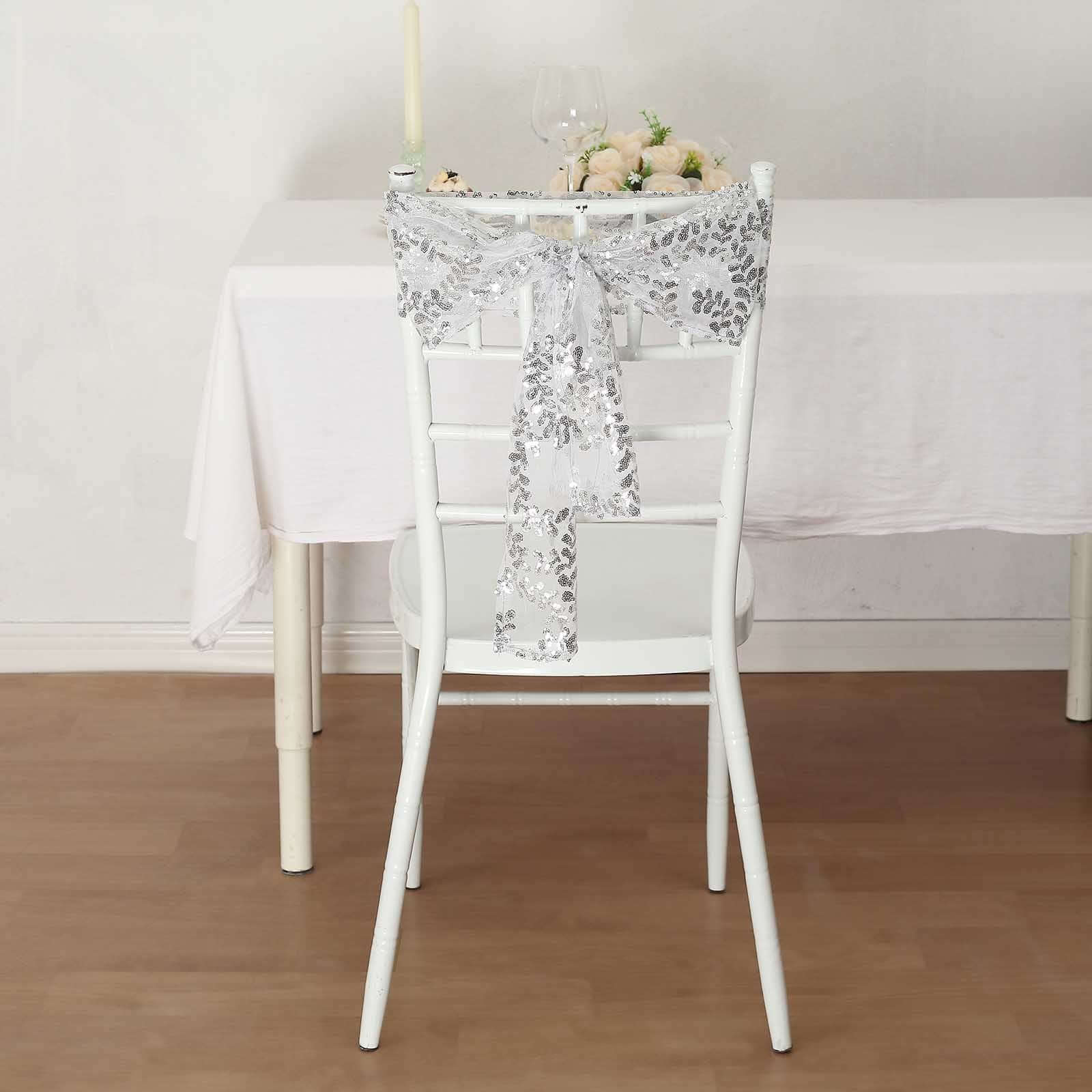 5 Pack Tulle Chair Sashes with Leaf Vine Embroidered Sequins Silver 6"x88" - Bell Racket Store