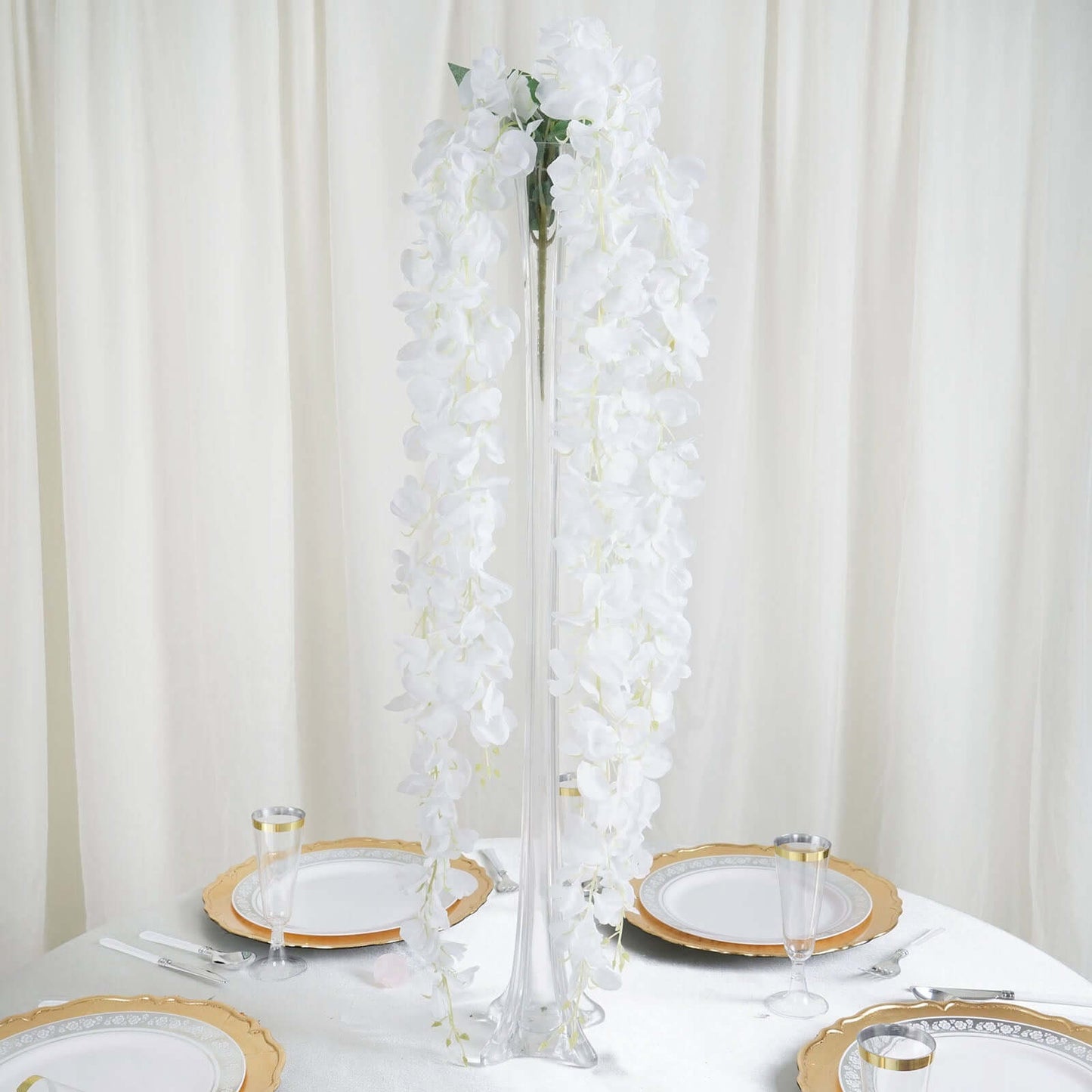 42" Silk Hanging Wisteria Flower Garland Vines in White, Elaborated 5 Full Strands in 1 Bush
