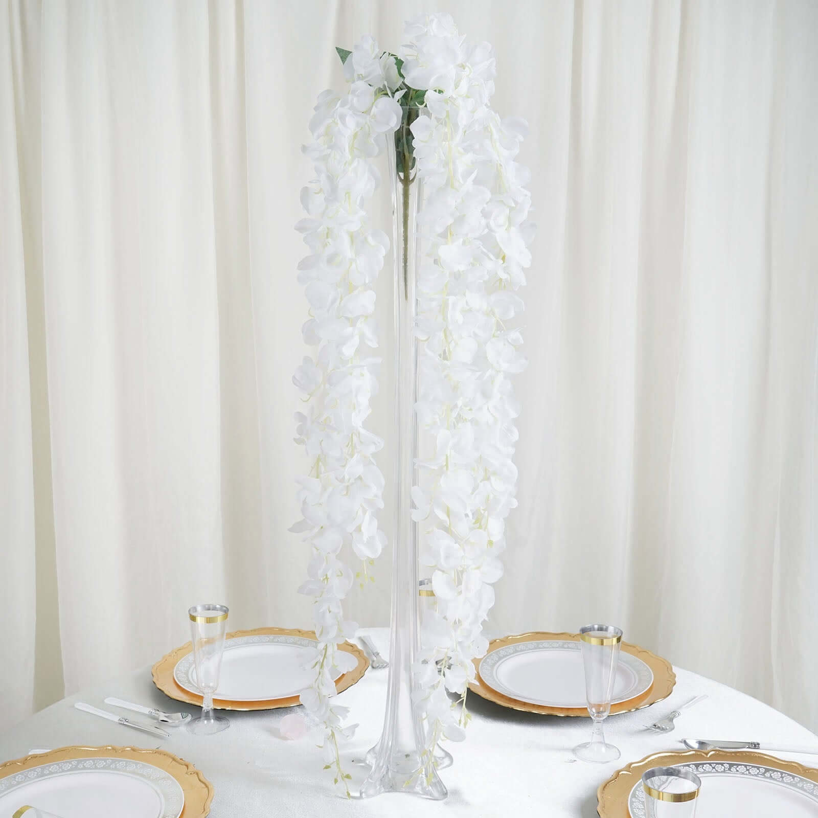 42" Silk Hanging Wisteria Flower Garland Vines in White, Elaborated 5 Full Strands in 1 Bush