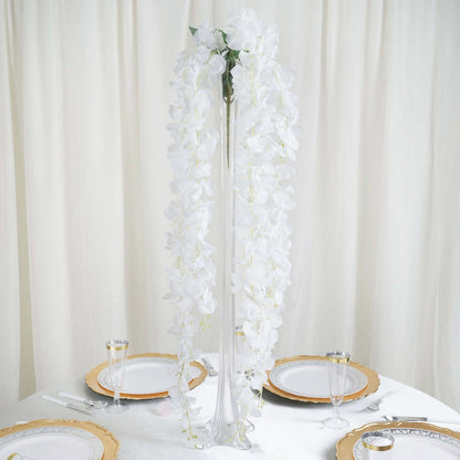 42" Silk Hanging Wisteria Flower Garland Vines in White, Elaborated 5 Full Strands in 1 Bush