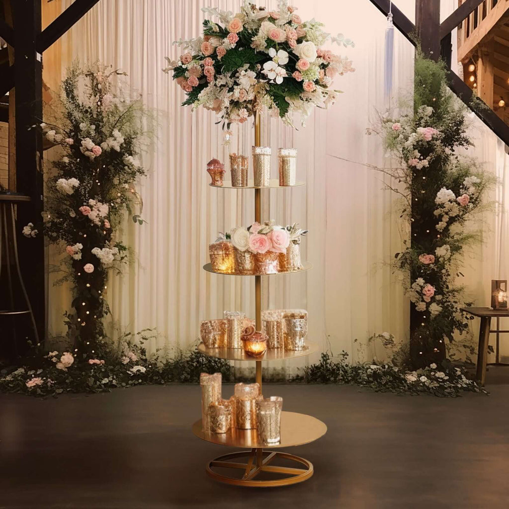 5 Tier Champagne Tower Stand Gold Metal Round Dessert Display Cupcake Holder - Sturdy Event Centerpiece 4.5ft Tall - Bell Racket Store