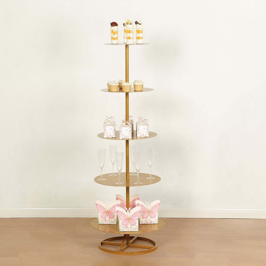 5 Tier Champagne Tower Stand Gold Metal Round Dessert Display Cupcake Holder - Sturdy Event Centerpiece 4.5ft Tall - Bell Racket Store