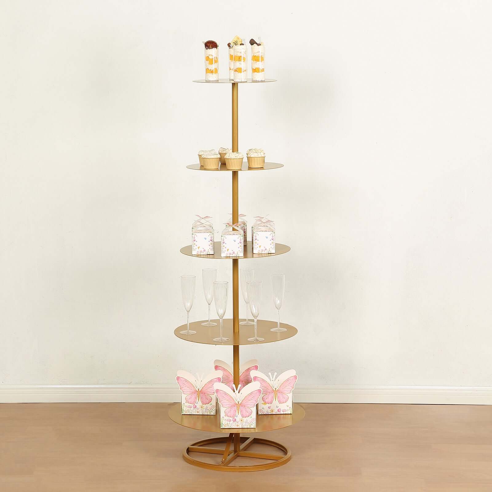 5 Tier Champagne Tower Stand Gold Metal Round Dessert Display Cupcake Holder - Sturdy Event Centerpiece 4.5ft Tall - Bell Racket Store
