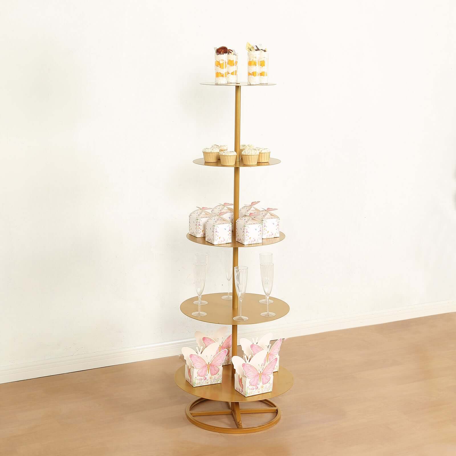 5 Tier Champagne Tower Stand Gold Metal Round Dessert Display Cupcake Holder - Sturdy Event Centerpiece 4.5ft Tall - Bell Racket Store