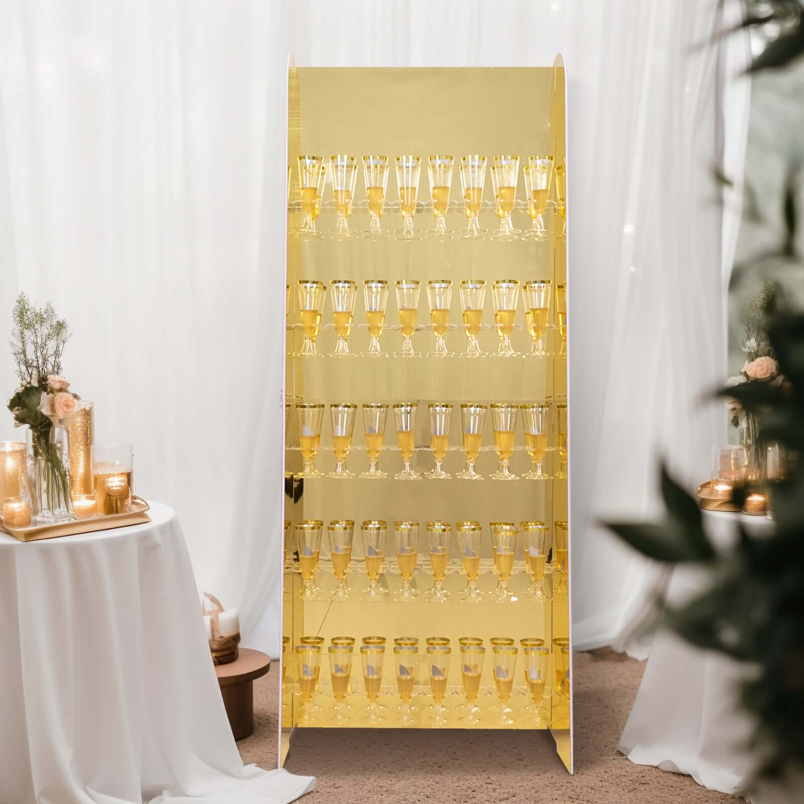5 - Tier Champagne Wall Glass Holder in Gold Mirror Finish, 40 Stemware Rack Cocktail Display Drink Organizer for Classy Events & Banquets 5ft - Bell Racket Store