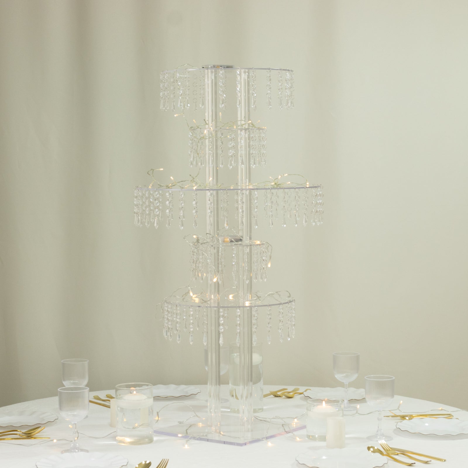 5 - Tier Clear Acrylic Chandelier Flower Stand with Hanging Crystals â€“ 39" Tall Table Centerpiece Display Tower - Bell Racket Store
