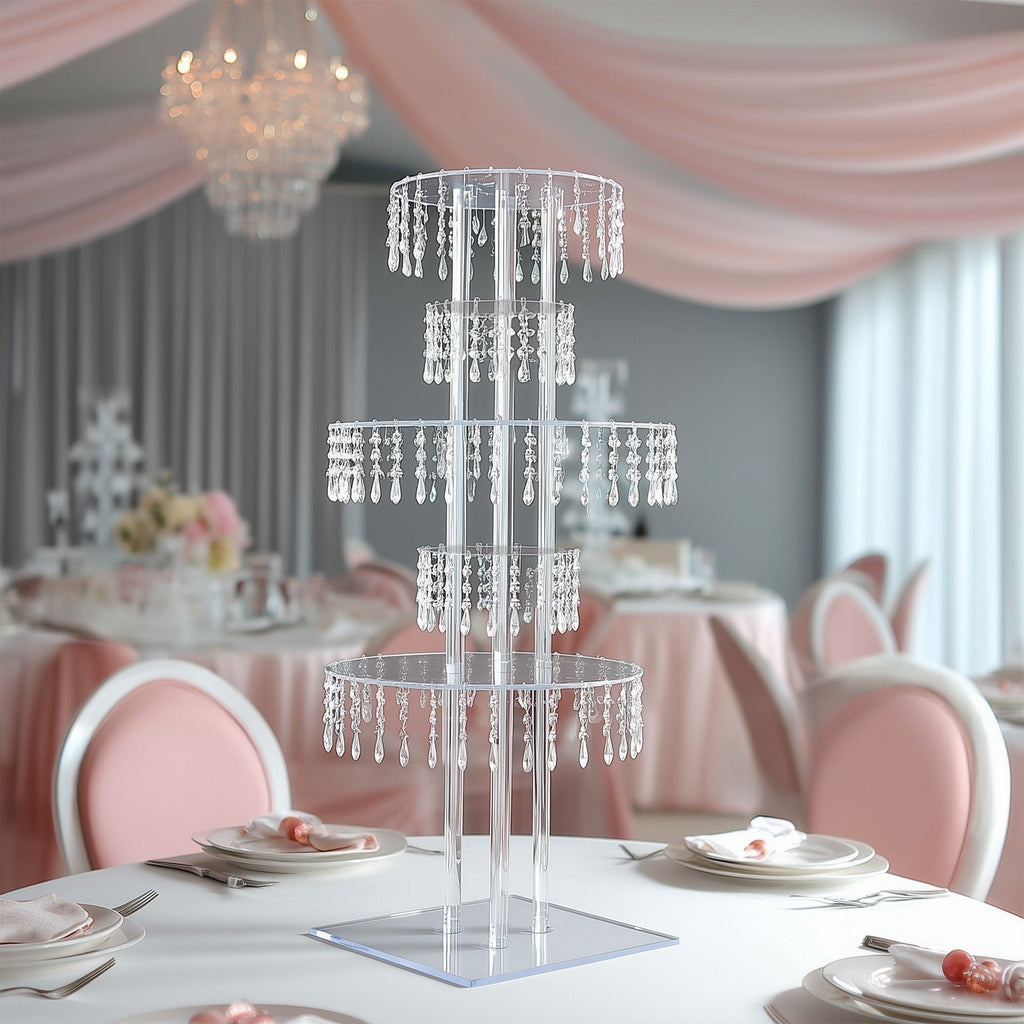 5 - Tier Clear Acrylic Chandelier Flower Stand with Hanging Crystals â€“ 39" Tall Table Centerpiece Display Tower - Bell Racket Store
