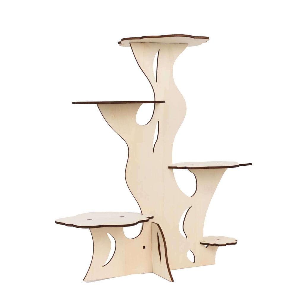 5 - Tier Wooden Cake Stand Natural Tree Tower Design with Laser Cut Details - Rustic Cupcake Dessert Display 19" Tall - Bell Racket Store
