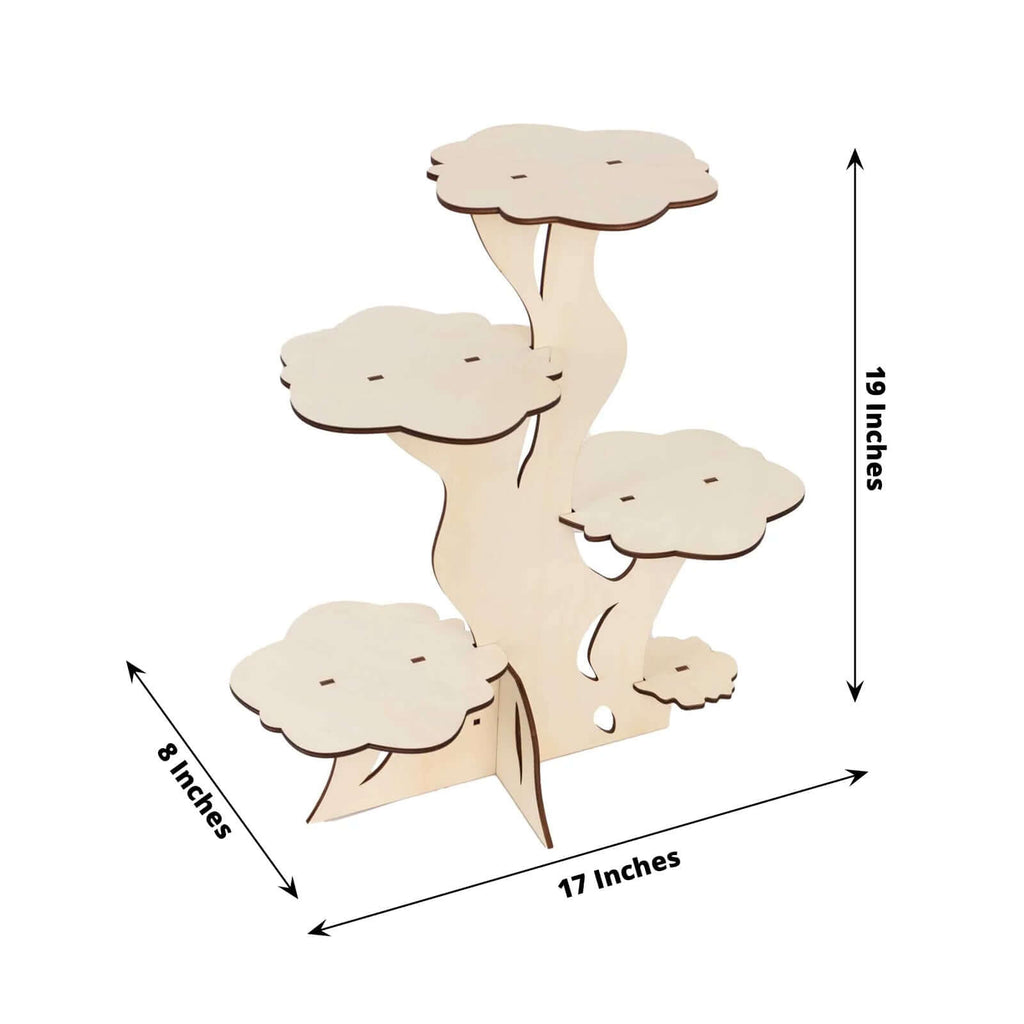 5 - Tier Wooden Cake Stand Natural Tree Tower Design with Laser Cut Details - Rustic Cupcake Dessert Display 19" Tall - Bell Racket Store