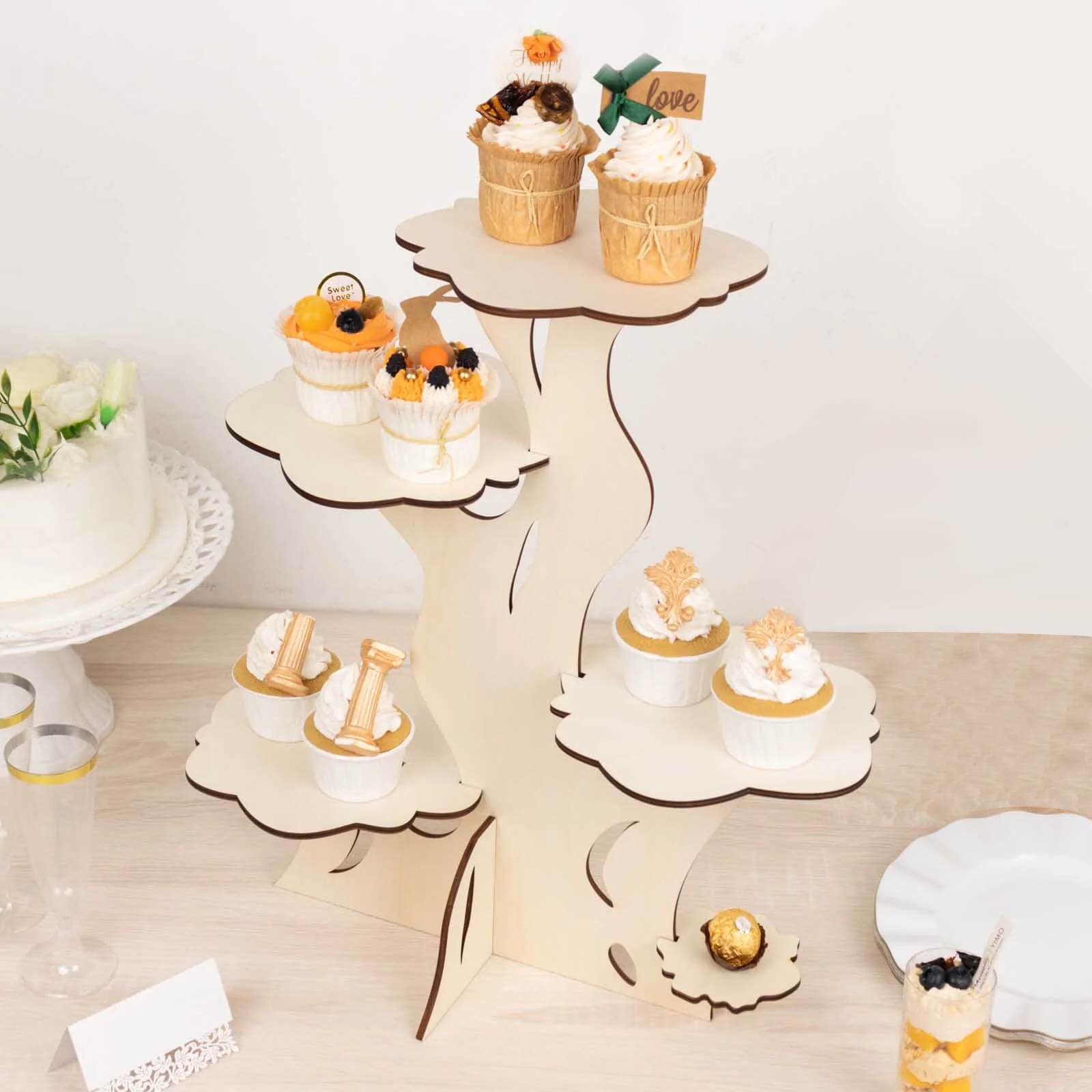 5 - Tier Wooden Cake Stand Natural Tree Tower Design with Laser Cut Details - Rustic Cupcake Dessert Display 19" Tall - Bell Racket Store