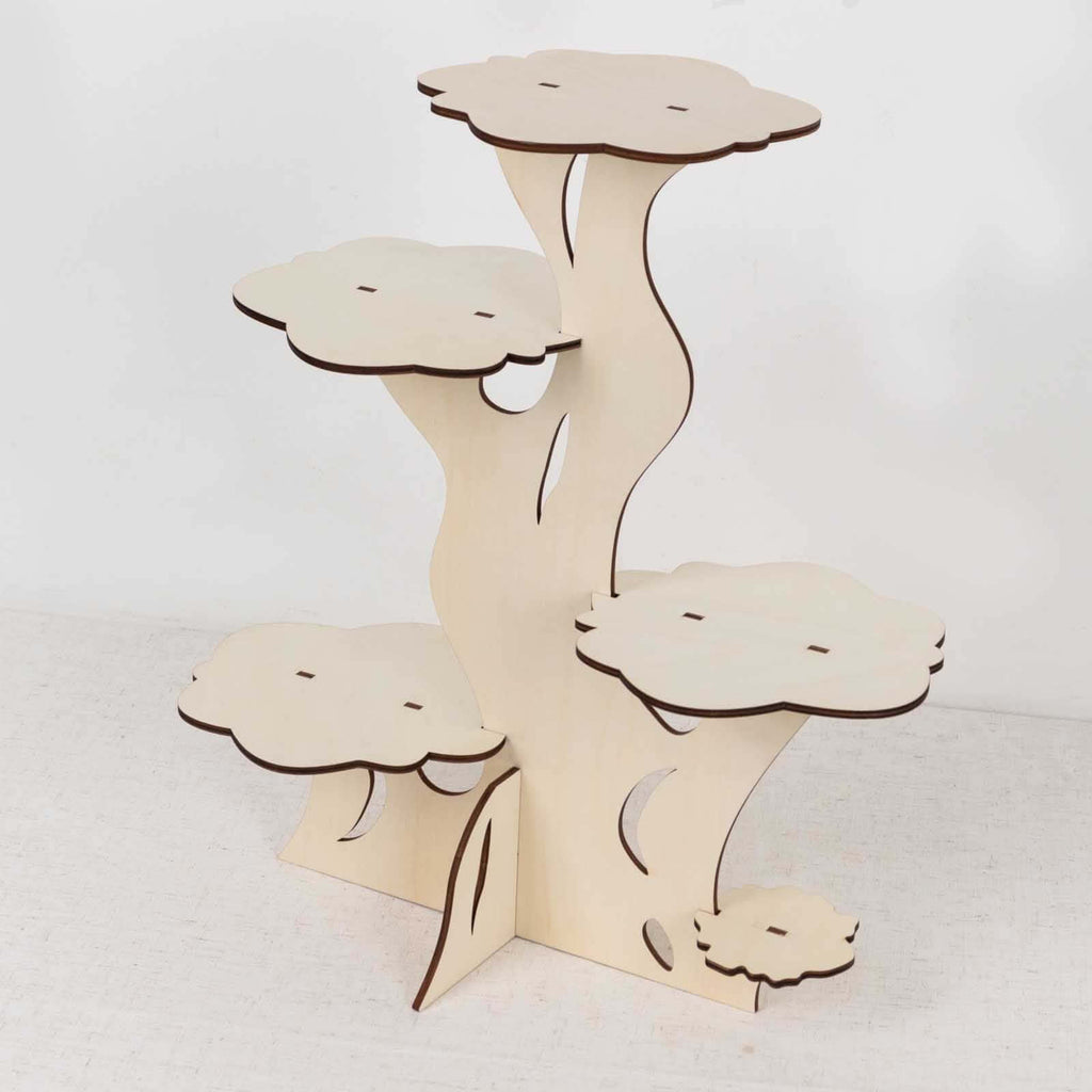 5 - Tier Wooden Cake Stand Natural Tree Tower Design with Laser Cut Details - Rustic Cupcake Dessert Display 19" Tall - Bell Racket Store