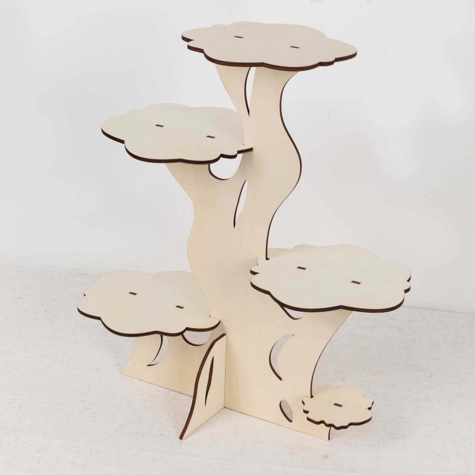 5 - Tier Wooden Cake Stand Natural Tree Tower Design with Laser Cut Details - Rustic Cupcake Dessert Display 19" Tall - Bell Racket Store