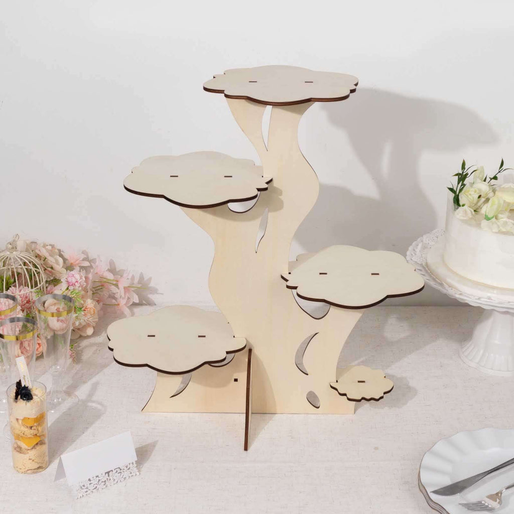 5 - Tier Wooden Cake Stand Natural Tree Tower Design with Laser Cut Details - Rustic Cupcake Dessert Display 19" Tall - Bell Racket Store