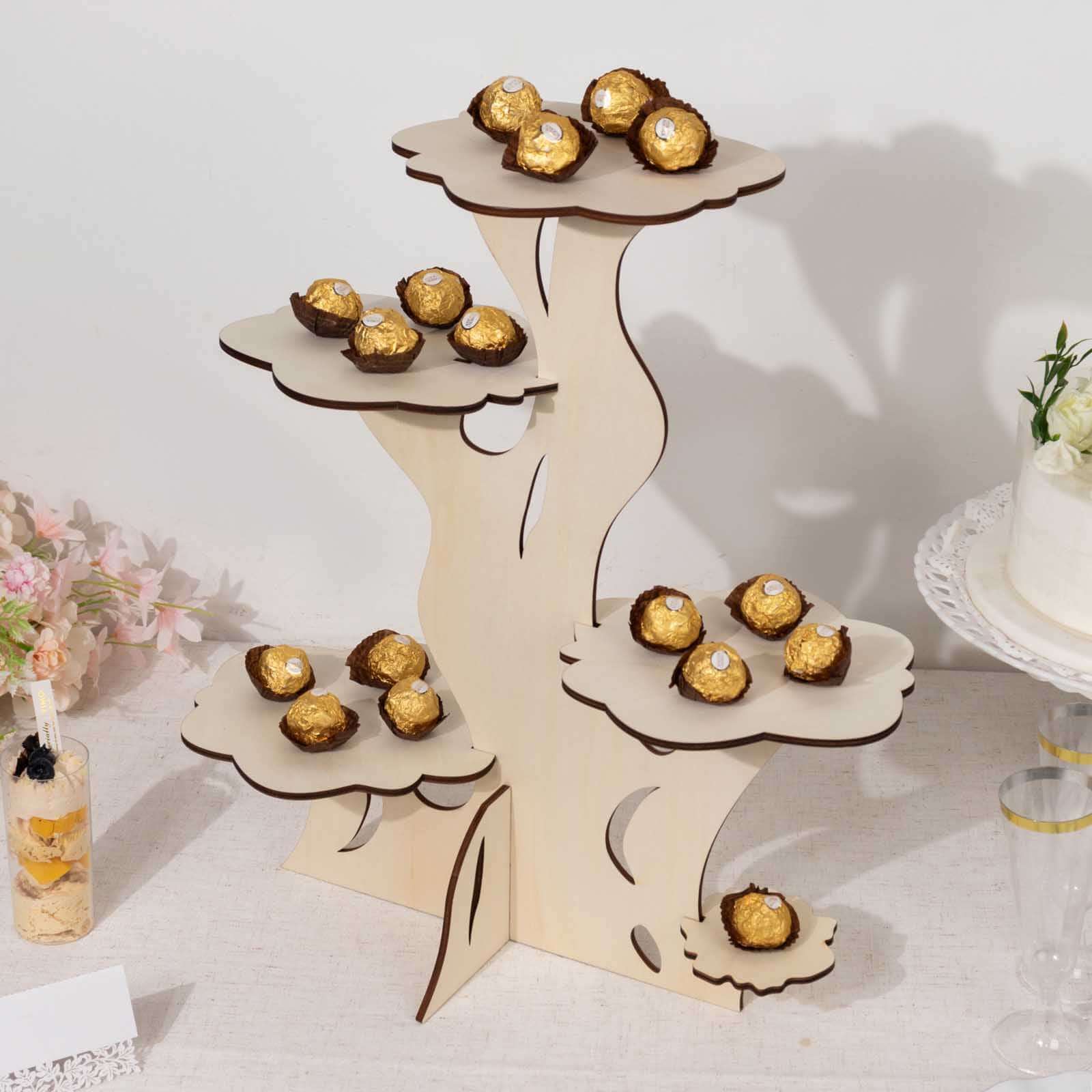 5 - Tier Wooden Cake Stand Natural Tree Tower Design with Laser Cut Details - Rustic Cupcake Dessert Display 19" Tall - Bell Racket Store