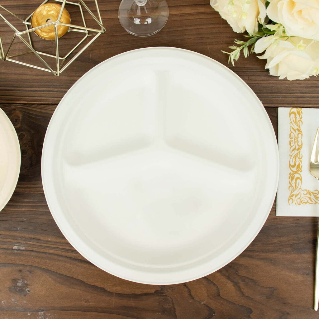 50-Pack Bagasse 10" Round Dinner Plates in White with 3-Compartments - Eco Friendly Biodegradable Sugarcane Divided Plates for Food Trucks Catering & Events