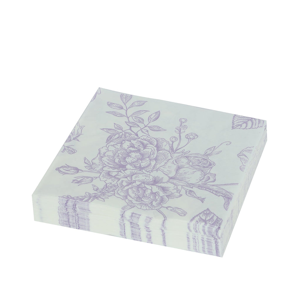50 Pack 2 - Ply Paper Beverage Napkins in Matte Lavender and White French Toile Floral Pattern, Highly Absorbent Soft Disposable Cocktail Napkins - Bell Racket Store