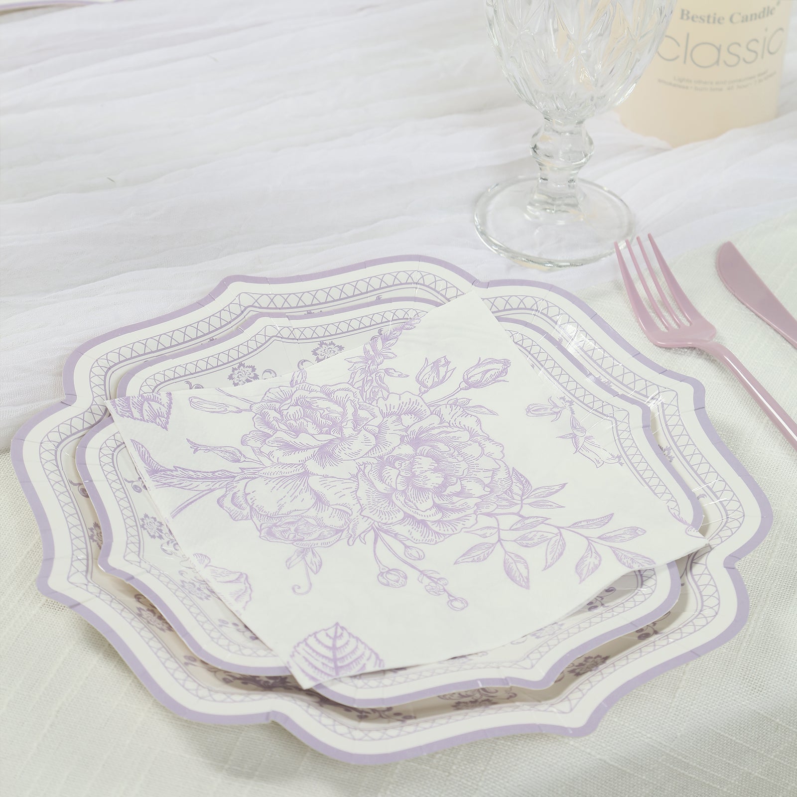 50 Pack 2 - Ply Paper Beverage Napkins in Matte Lavender and White French Toile Floral Pattern, Highly Absorbent Soft Disposable Cocktail Napkins - Bell Racket Store