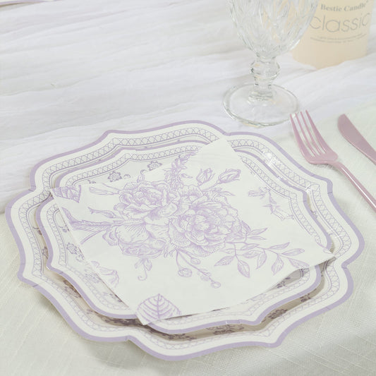 50 Pack 2 - Ply Paper Beverage Napkins in Matte Lavender and White French Toile Floral Pattern, Highly Absorbent Soft Disposable Cocktail Napkins - Bell Racket Store