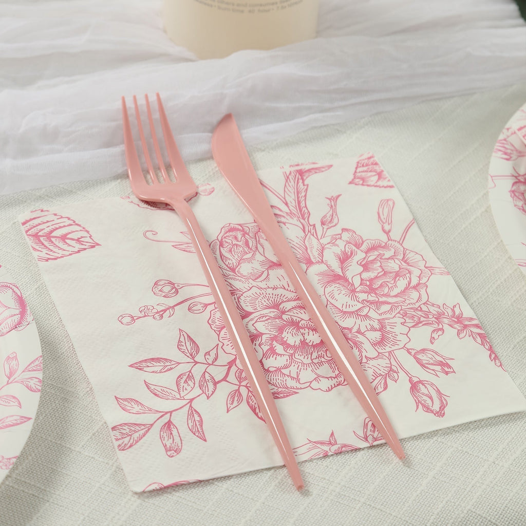 50 Pack 2 - Ply Paper Beverage Napkins in Matte Pink and White French Toile Floral Pattern, Highly Absorbent Soft Disposable Cocktail Napkins - Bell Racket Store