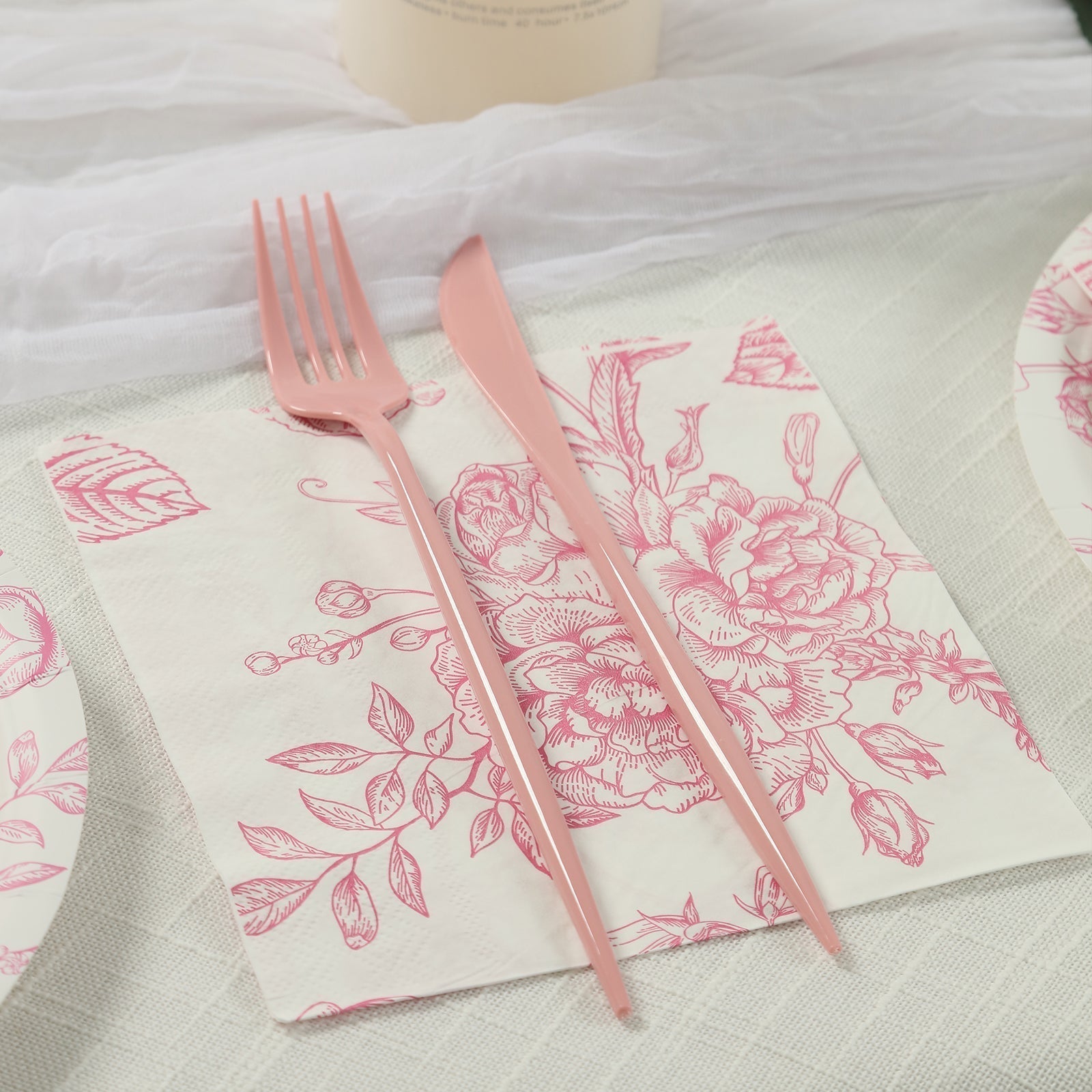 50 Pack 2 - Ply Paper Beverage Napkins in Matte Pink and White French Toile Floral Pattern, Highly Absorbent Soft Disposable Cocktail Napkins - Bell Racket Store