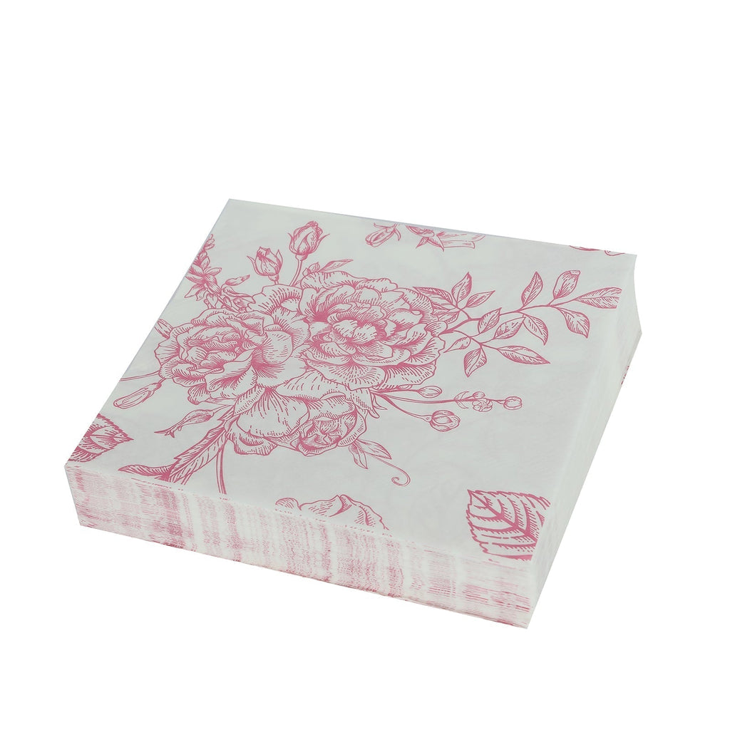 50 Pack 2 - Ply Paper Beverage Napkins in Matte Pink and White French Toile Floral Pattern, Highly Absorbent Soft Disposable Cocktail Napkins - Bell Racket Store