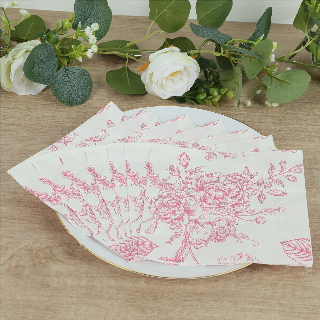 50 Pack 2 - Ply Paper Beverage Napkins in Matte Pink and White French Toile Floral Pattern, Highly Absorbent Soft Disposable Cocktail Napkins - Bell Racket Store