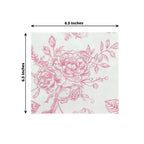 50 Pack 2 - Ply Paper Beverage Napkins in Matte Pink and White French Toile Floral Pattern, Highly Absorbent Soft Disposable Cocktail Napkins - Bell Racket Store