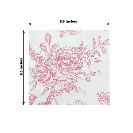 50 Pack 2 - Ply Paper Beverage Napkins in Matte Pink and White French Toile Floral Pattern, Highly Absorbent Soft Disposable Cocktail Napkins - Bell Racket Store