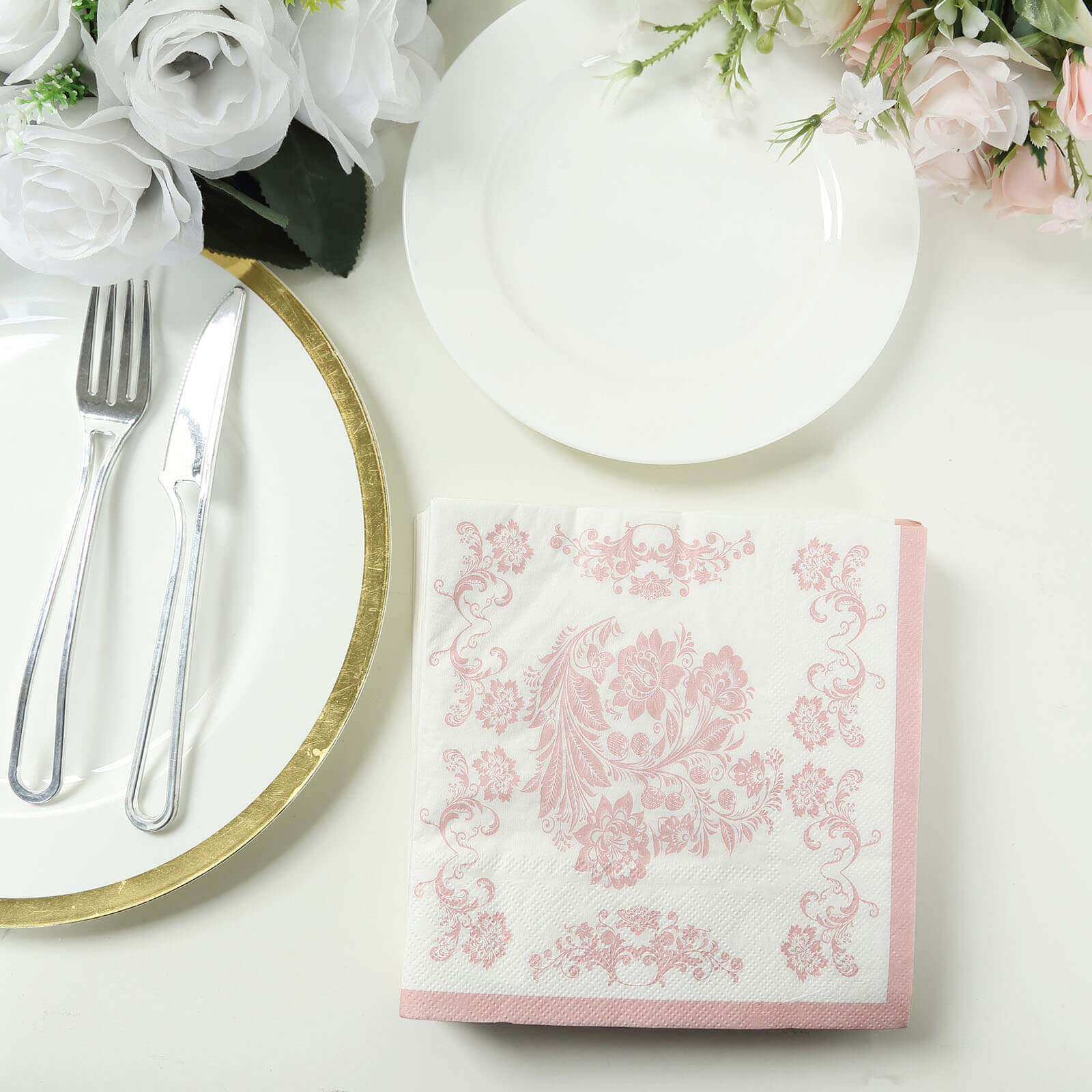 50 Pack 2 - Ply Paper Beverage Napkins in White Matte Pink Damask Floral Pattern, Disposable Cocktail Napkins - Highly Absorbent & Soft - Bell Racket Store