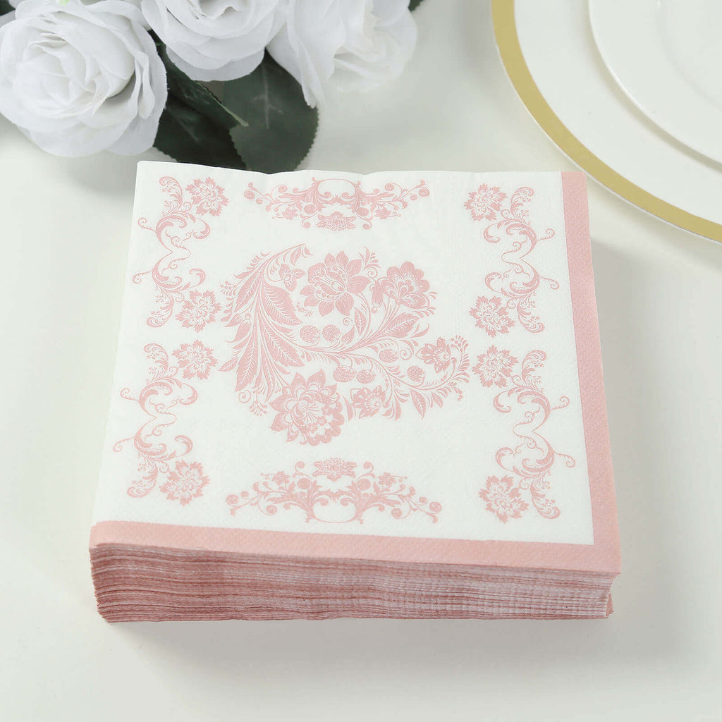 50 Pack 2 - Ply Paper Beverage Napkins in White Matte Pink Damask Floral Pattern, Disposable Cocktail Napkins - Highly Absorbent & Soft - Bell Racket Store