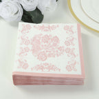 50 Pack 2 - Ply Paper Beverage Napkins in White Matte Pink Damask Floral Pattern, Disposable Cocktail Napkins - Highly Absorbent & Soft - Bell Racket Store