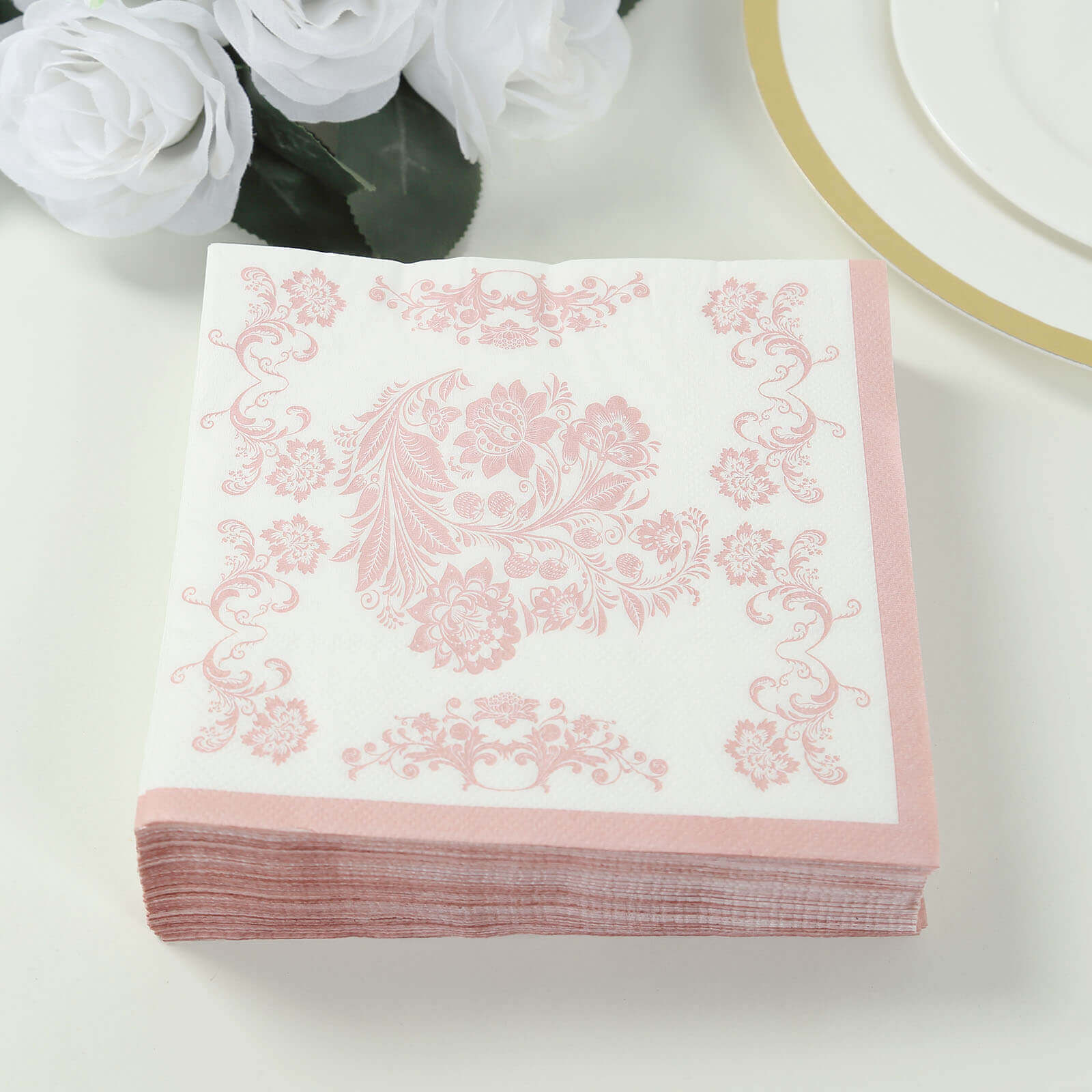 50 Pack 2 - Ply Paper Beverage Napkins in White Matte Pink Damask Floral Pattern, Disposable Cocktail Napkins - Highly Absorbent & Soft - Bell Racket Store