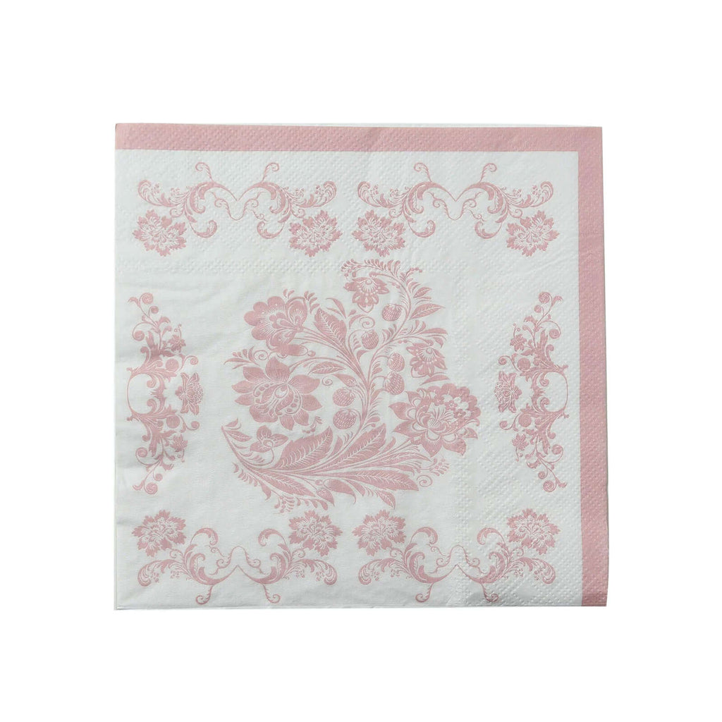 50 Pack 2 - Ply Paper Beverage Napkins in White Matte Pink Damask Floral Pattern, Disposable Cocktail Napkins - Highly Absorbent & Soft - Bell Racket Store