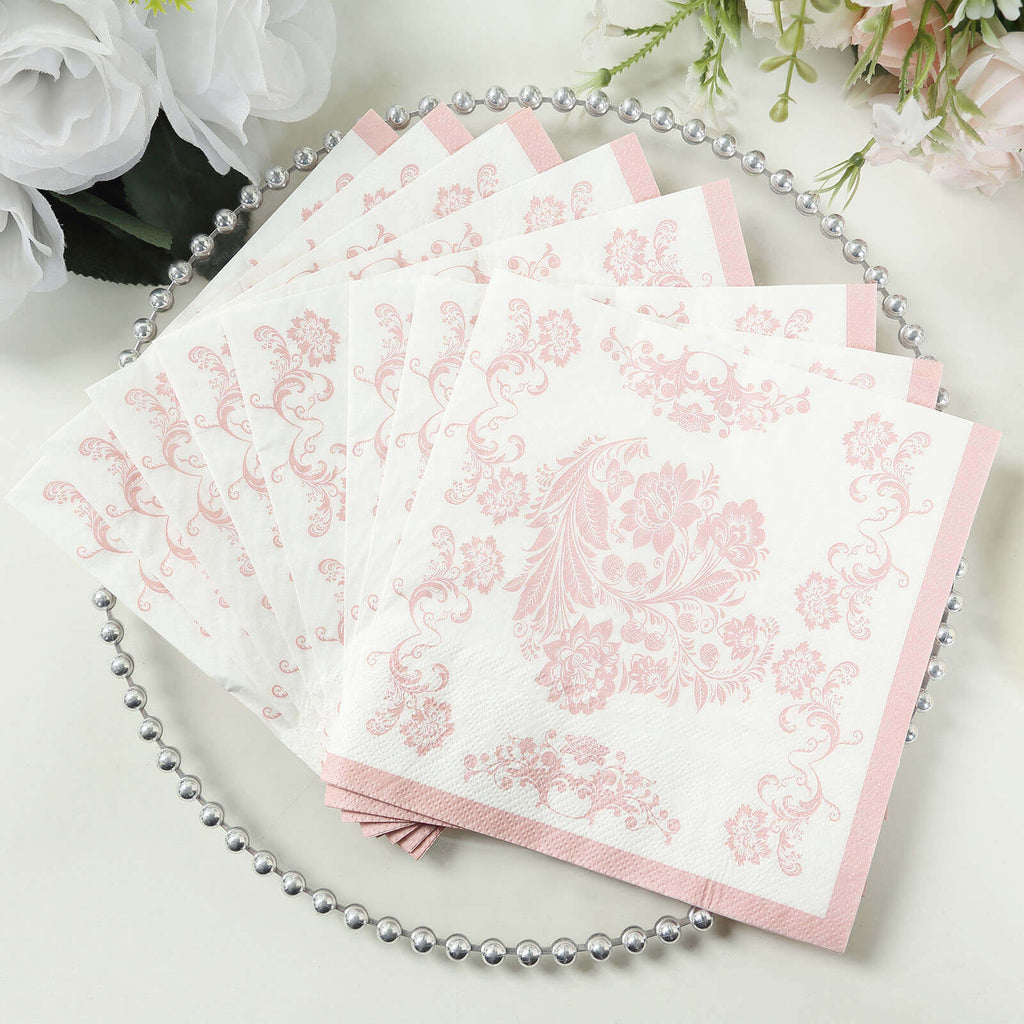 50 Pack 2 - Ply Paper Beverage Napkins in White Matte Pink Damask Floral Pattern, Disposable Cocktail Napkins - Highly Absorbent & Soft - Bell Racket Store