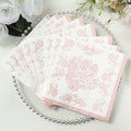 50 Pack 2 - Ply Paper Beverage Napkins in White Matte Pink Damask Floral Pattern, Disposable Cocktail Napkins - Highly Absorbent & Soft - Bell Racket Store