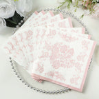 50 Pack 2 - Ply Paper Beverage Napkins in White Matte Pink Damask Floral Pattern, Disposable Cocktail Napkins - Highly Absorbent & Soft - Bell Racket Store