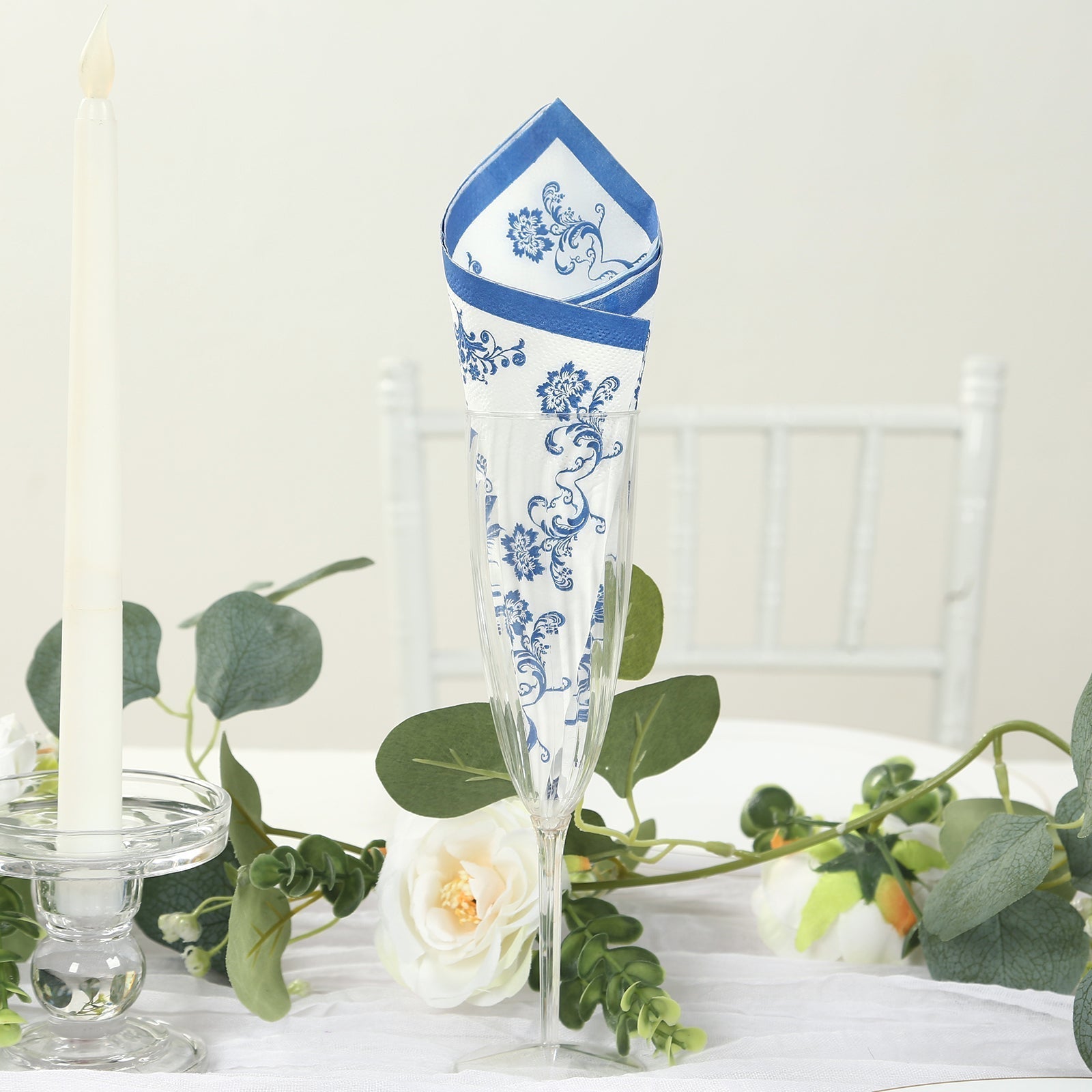 50 Pack 2 - Ply Paper Beverage Napkins in White Royal Blue Damask Pattern, Disposable Cocktail Napkins - Highly Absorbent & Soft - Bell Racket Store