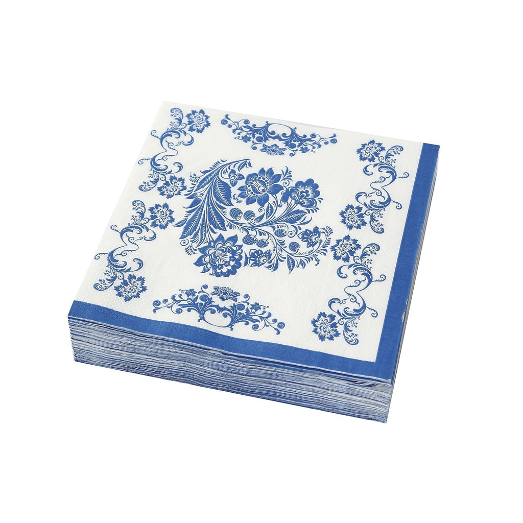 50 Pack 2 - Ply Paper Beverage Napkins in White Royal Blue Damask Pattern, Disposable Cocktail Napkins - Highly Absorbent & Soft - Bell Racket Store