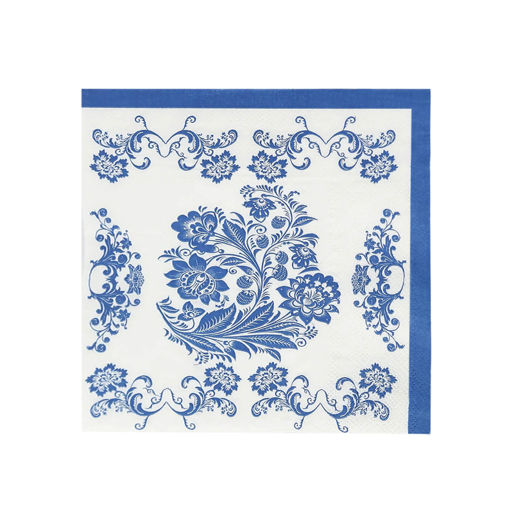 50 Pack 2 - Ply Paper Beverage Napkins in White Royal Blue Damask Pattern, Disposable Cocktail Napkins - Highly Absorbent & Soft - Bell Racket Store