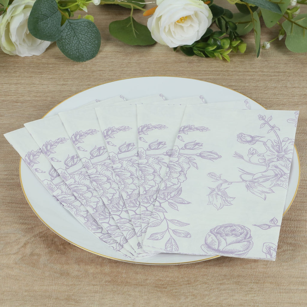 50 Pack 2 - Ply Paper Party Napkins in French Toile Floral Pattern, Matte Lavender and White Highly Absorbent Soft Disposable Dinner Napkins - Bell Racket Store