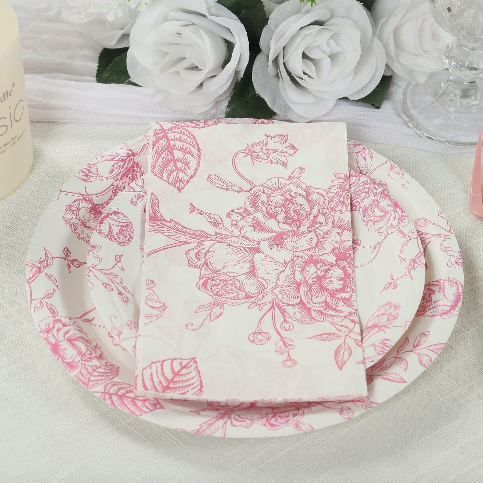 50 Pack 2 - Ply Paper Party Napkins in French Toile Floral Pattern, Matte Pink and White Highly Absorbent Soft Disposable Dinner Napkins - Bell Racket Store